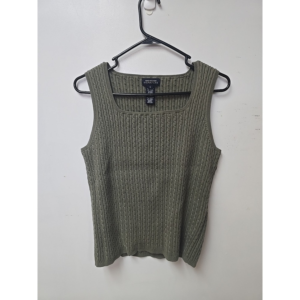 Jones New York Olive Green Cable Knit Sweater Tank Top Boxy 90s Y2K Large Cotton